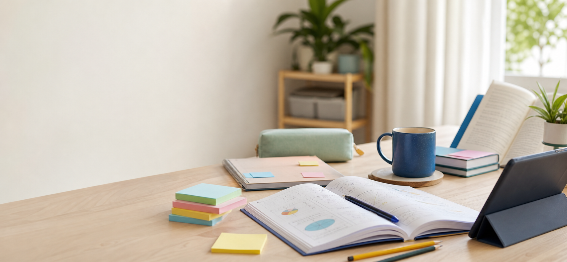 A calm home tutoring workspace with books, notes and learning materials